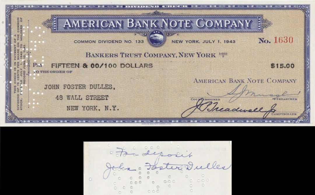 American Bank Note Company Check signed by John Foster Dulles - American Bank Note Company