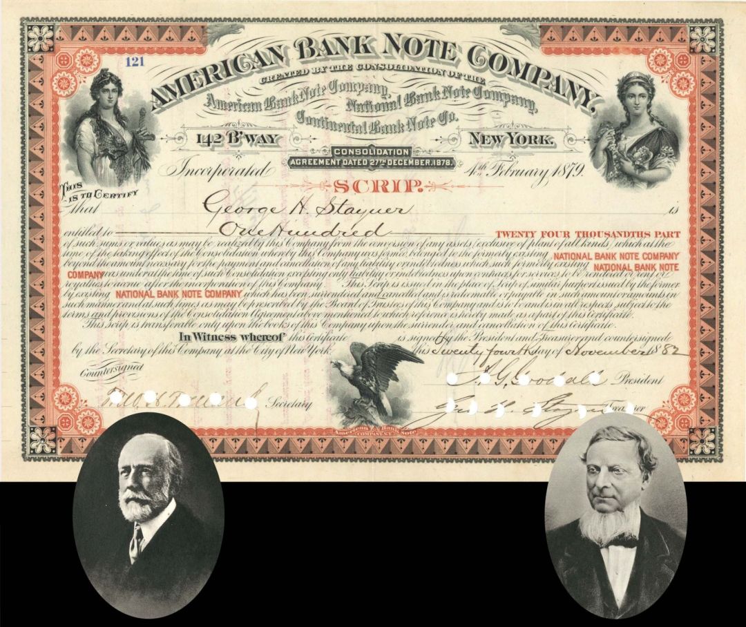 American Bank Note Co. Signed by A.G. Goodall  - 1882 dated Stock Certificate