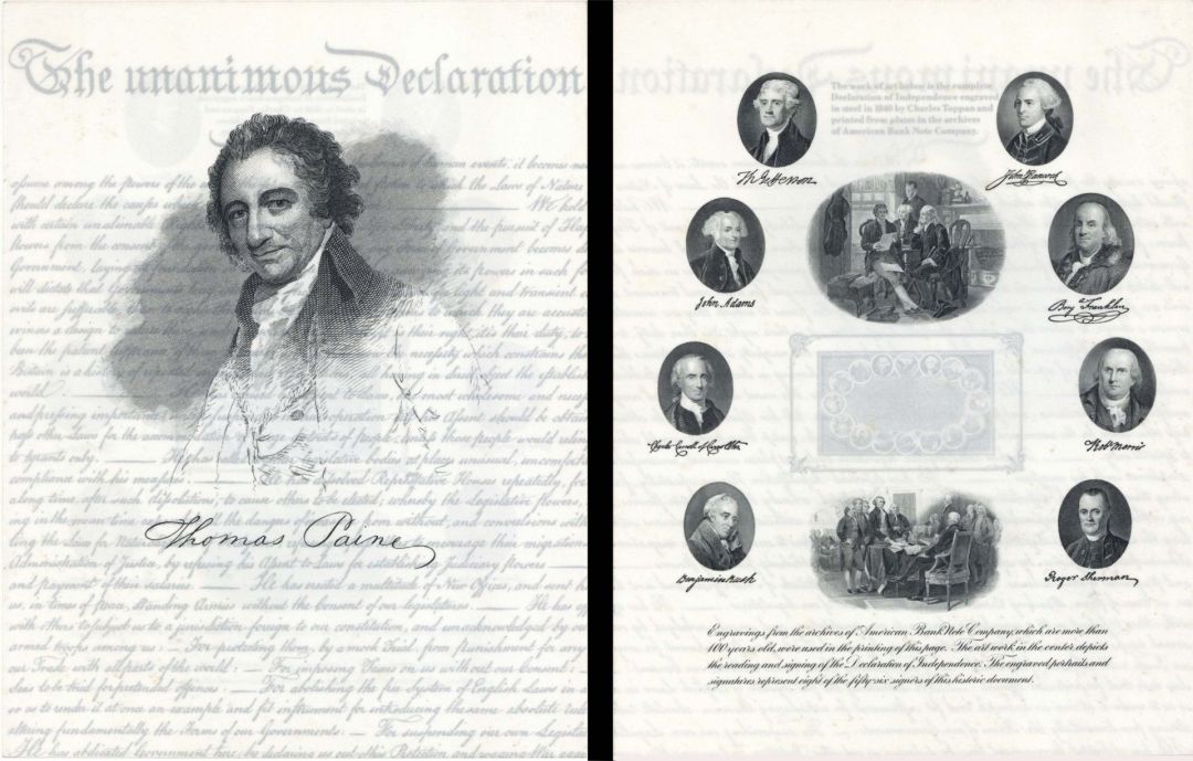 American Bank Note Company Commemorative to Thomas Paine and the Declaration of Independence