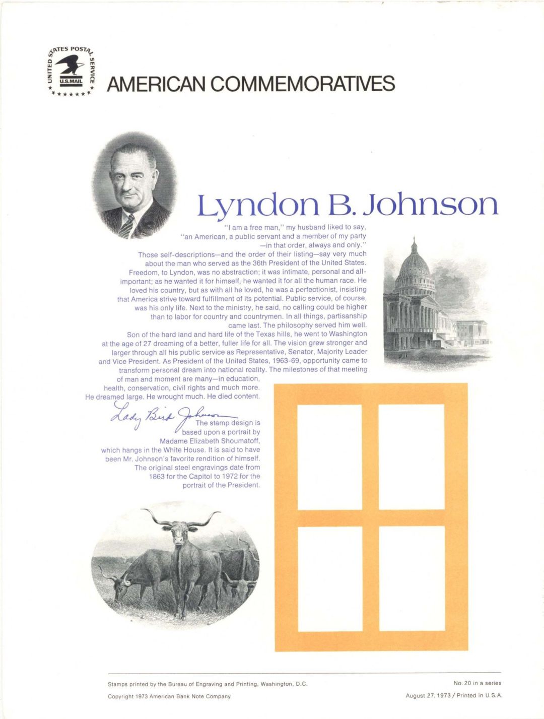 American Bank Note Company American Commemoratives to Lyndon B. Johnson - 1973 dated
