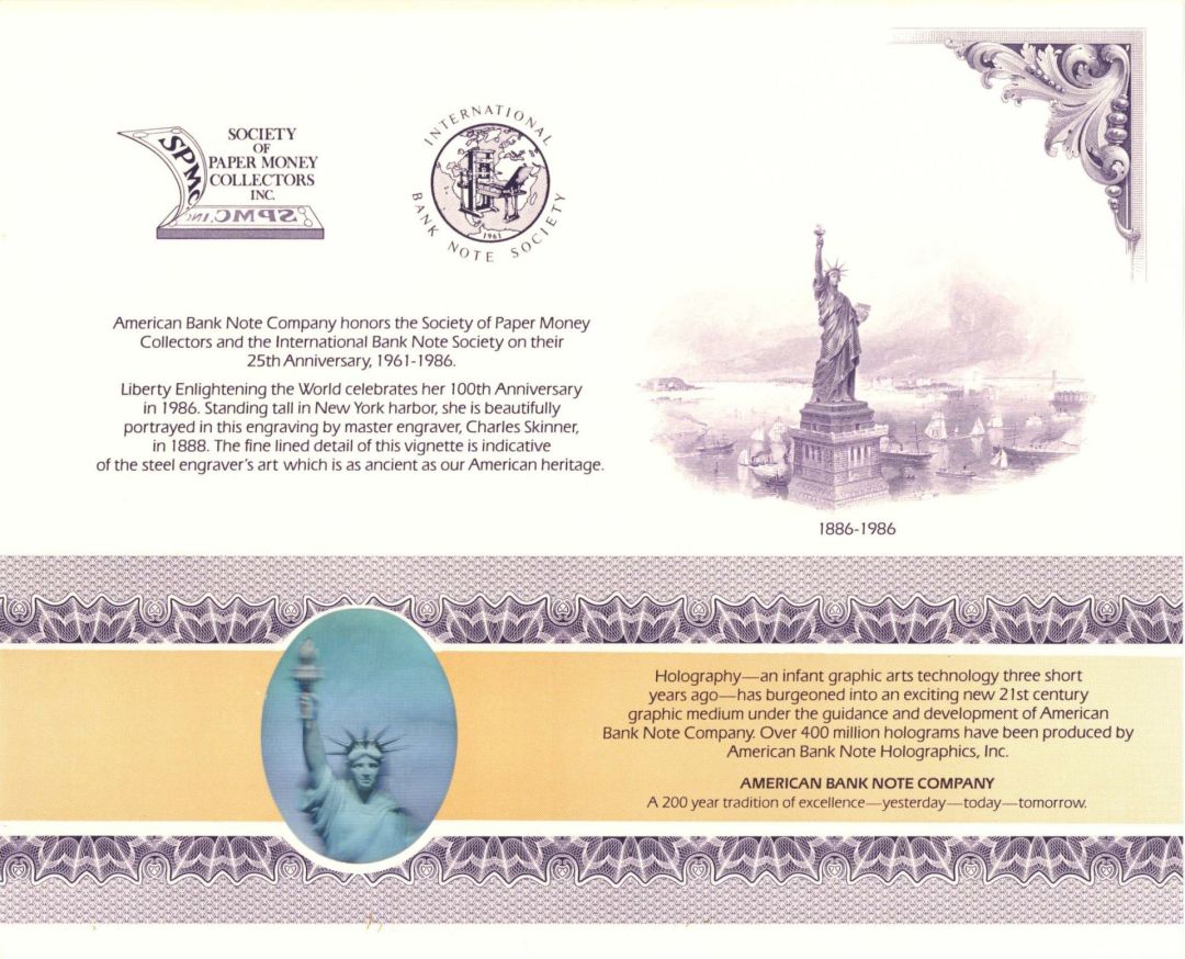 American Bank Note Company 100 year Commemorative - 1886-1986 dated