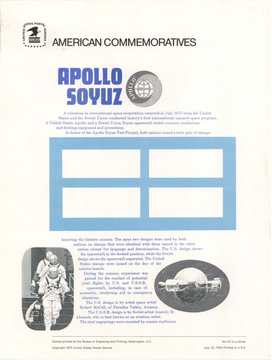 American Bank Note Company American Commemoratives Apollo Soyuz- 1975 dated