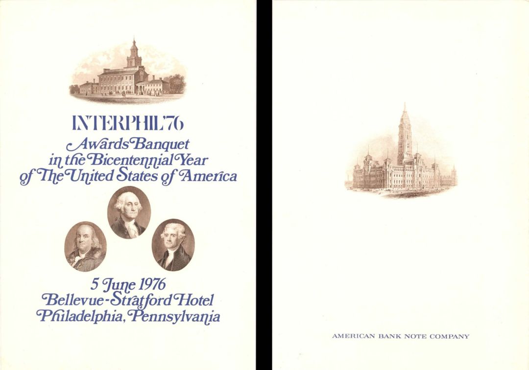 Awards Banquet Menu by American Bank Note Company - 1976 dated