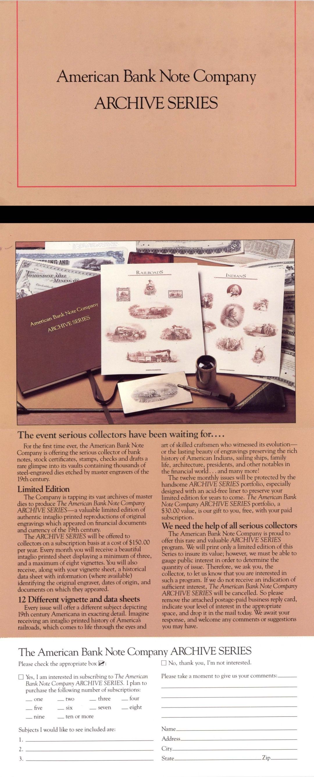Advertisement and order form for American Bank Note Company Archive Series