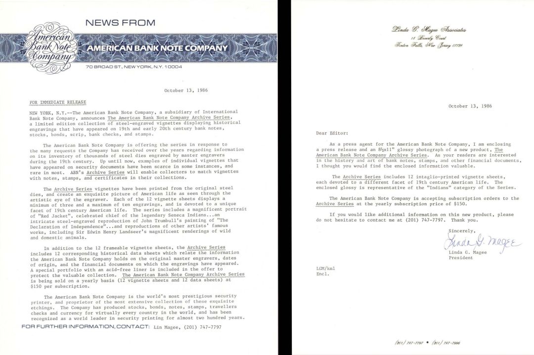 American Bank Note Company News Release and Letter - 1986 dated