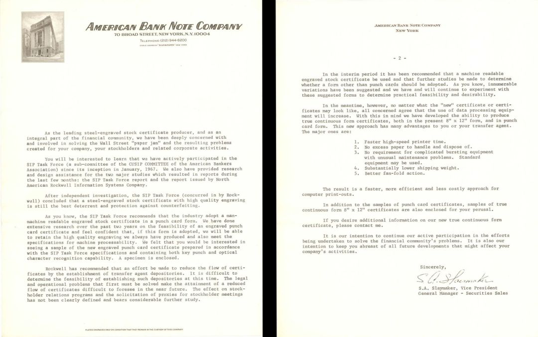 American Bank Note Company Letter - 1960's dated