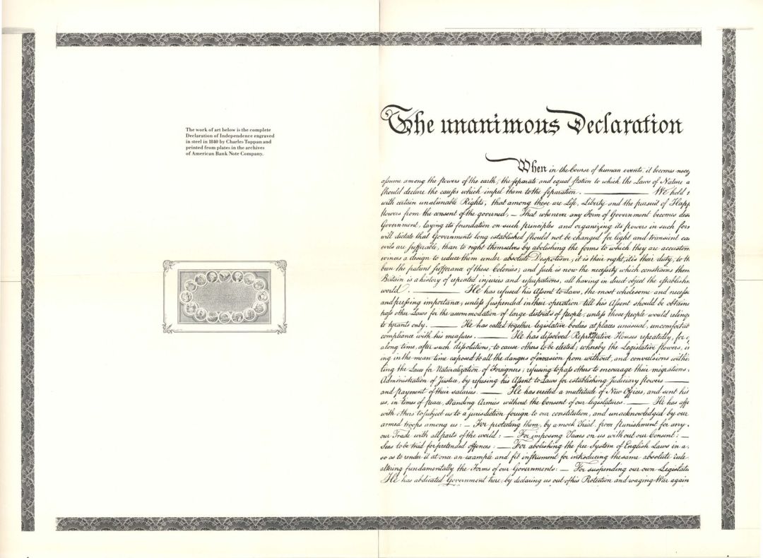 Unanimous Declaration Proof printed by American Bank Note Company