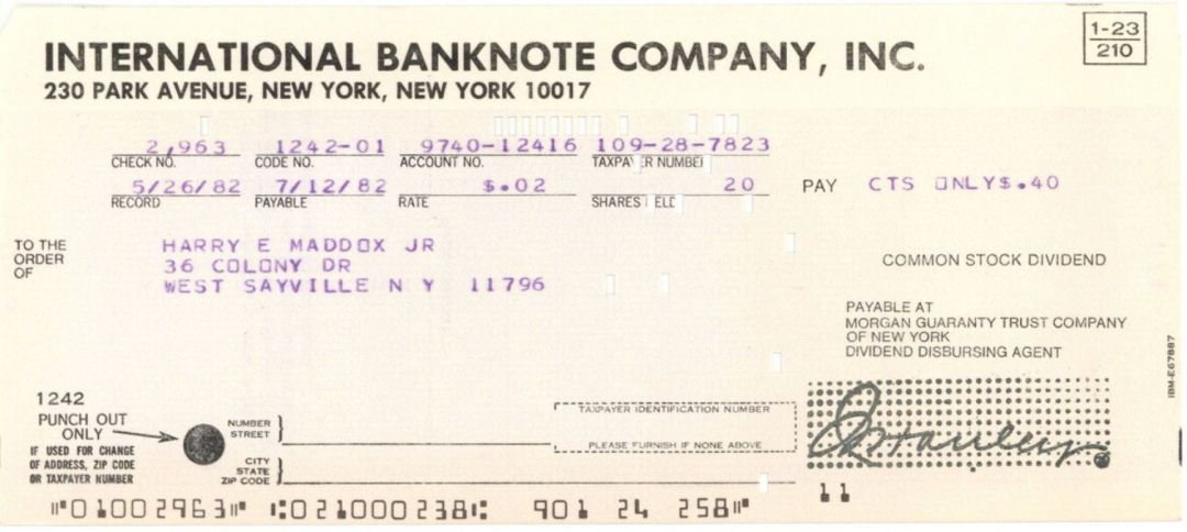 International Banknote Company, Inc.  - 1982 dated American Bank Note Company Stock Dividend