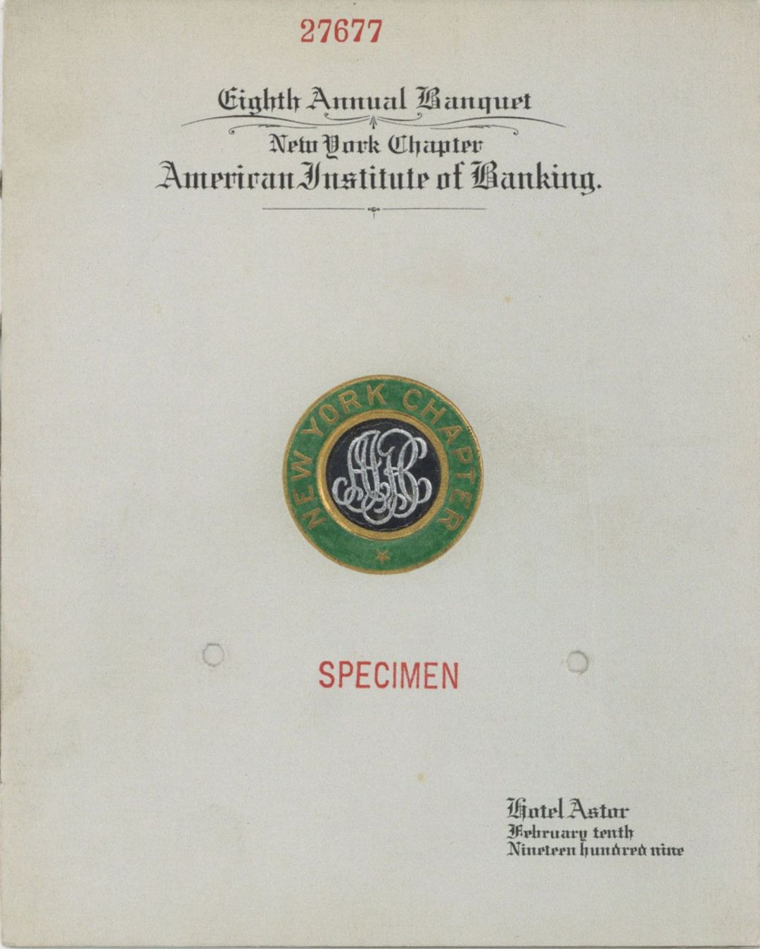 8th Annual Banquet NY Chapter American Institute of Banking - American Bank Note Specimen