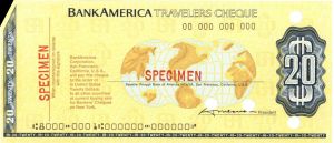 $20 Bank America Travelers Cheque - American Bank Note Specimen