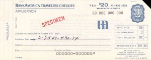 $20 Bank America Travelers Cheque Application - American Bank Note Specimen