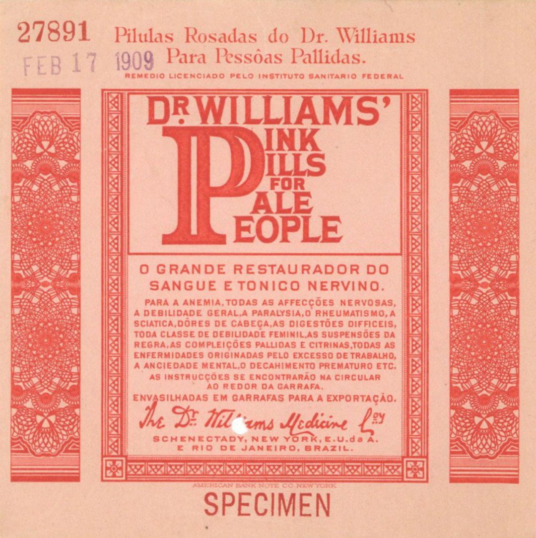 Dr. Williams' Pink Pill Label - 1900's dated American Bank Note Specimen Label - Pink Pills for Pale People