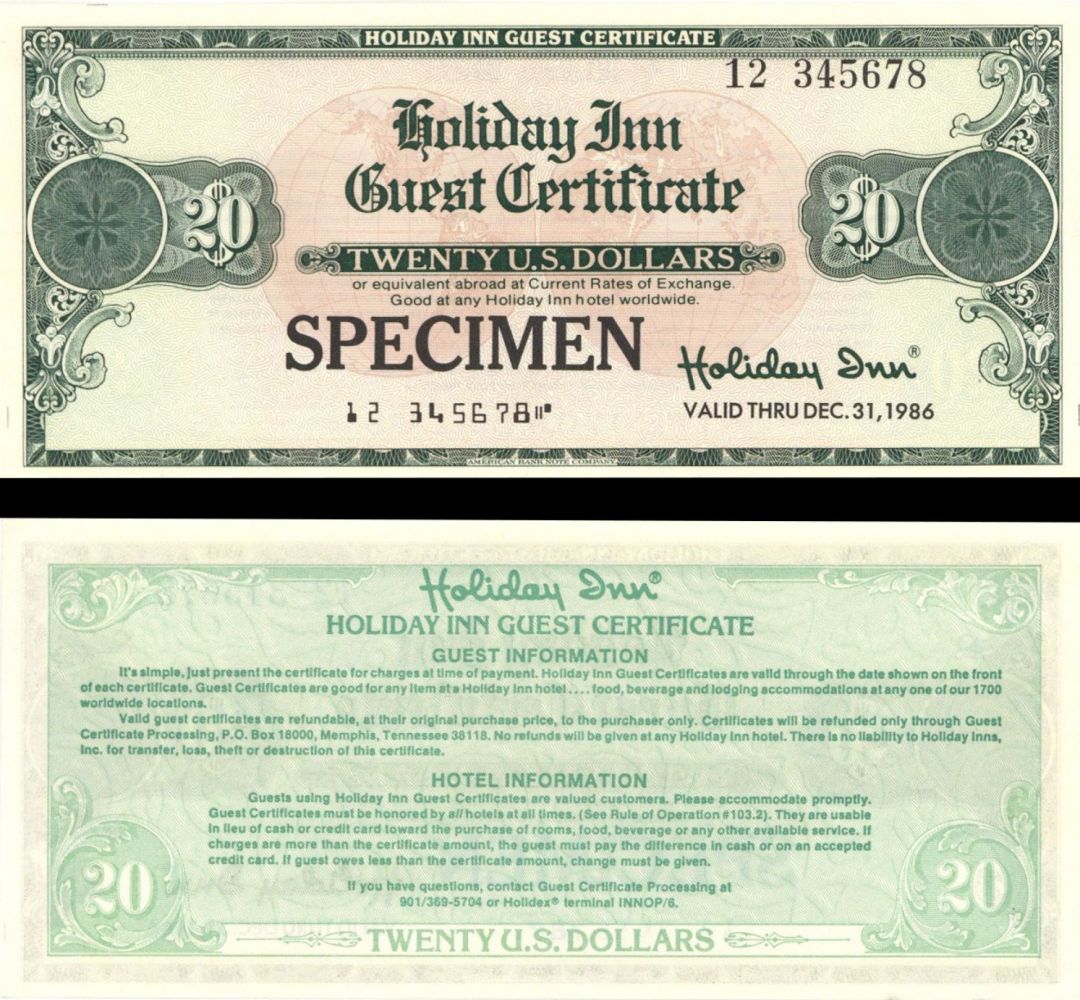 Holiday Inn Guest Certificate - American Bank Note Specimen