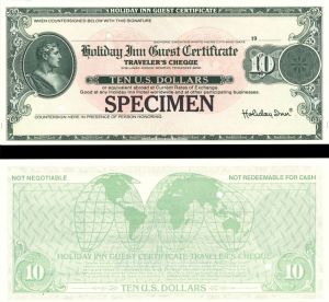 Holiday Inn Guest Certificate - American Bank Note Specimen Traveler's Cheque