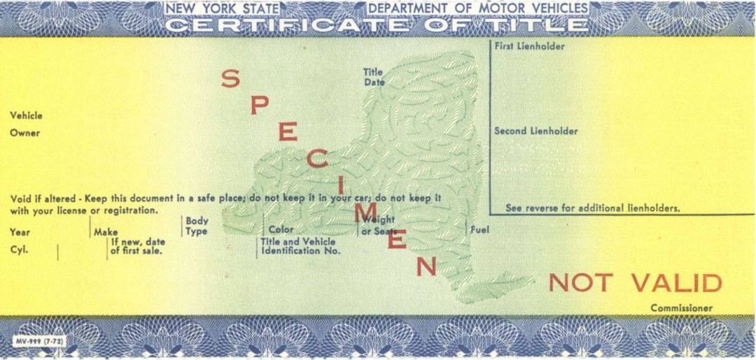1972 dated Certificate of Title - New York State Department of Motor Vehicles - NYDMV - American Bank Note Specimen