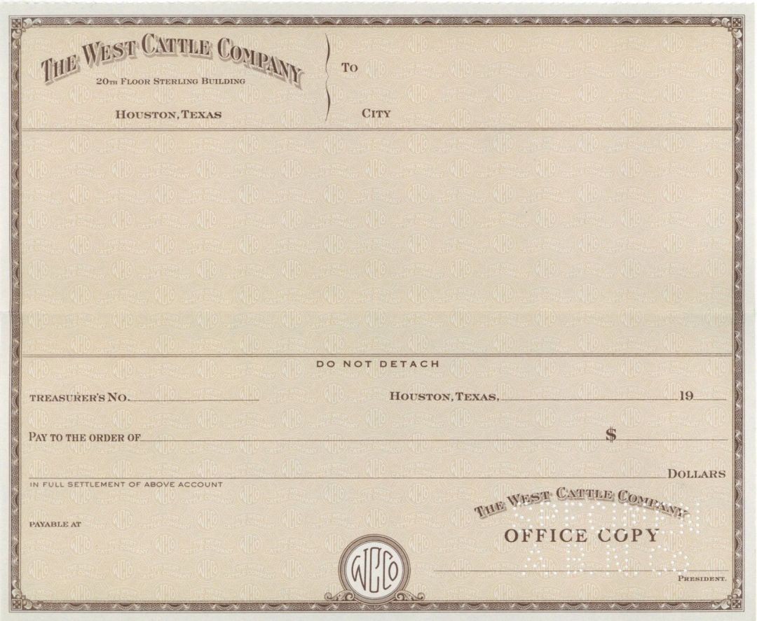 Unissued West Cattle Company Check - American Bank Note Specimen