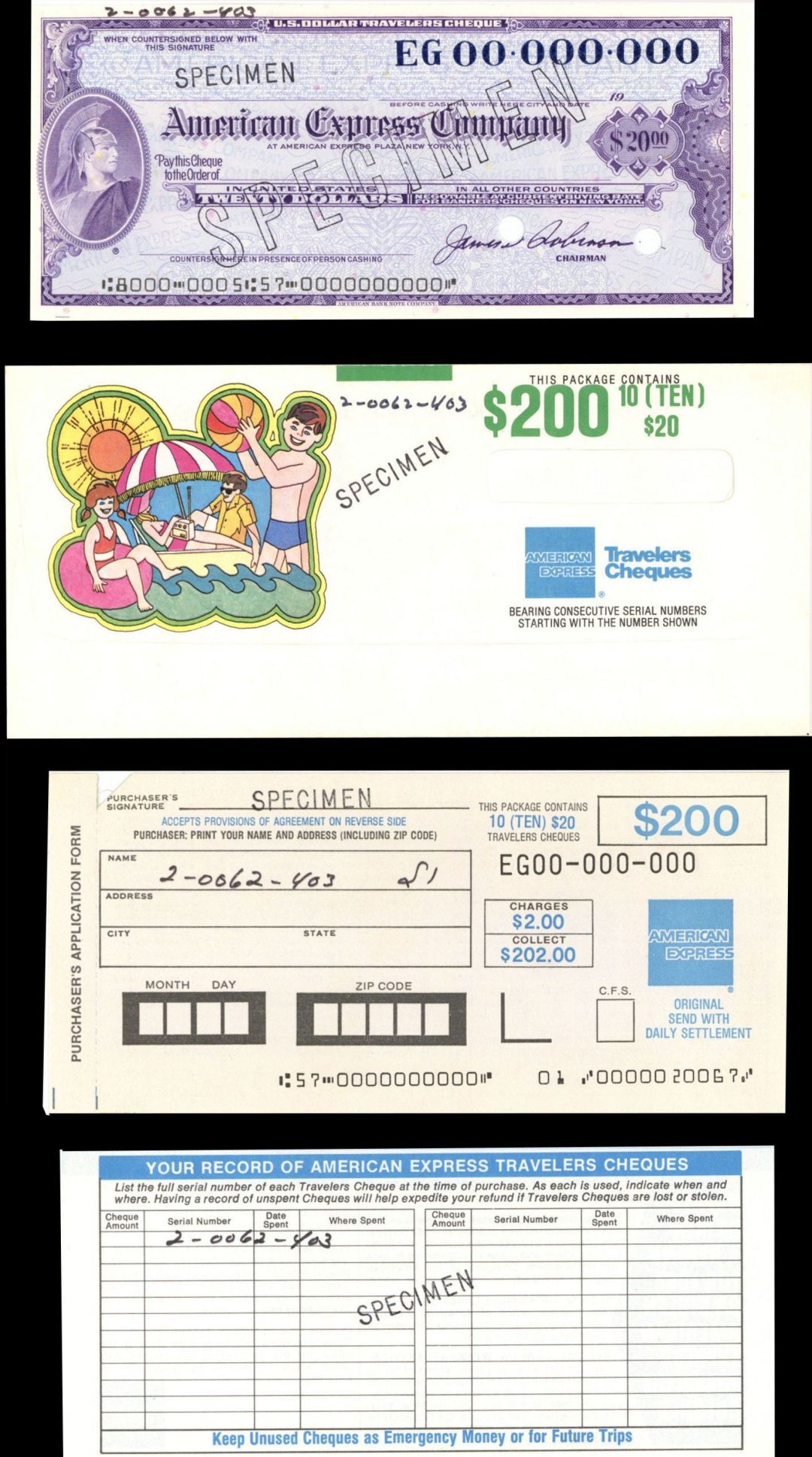 United States American Express Co. - Specimen Travelers Cheque/Check - $20 in envelope - American Bank Note Specimen Checks