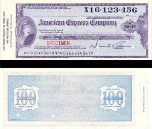 Canadian American Express Company Travellers Cheque/Check - Various Denominations - American Bank Note Specimen Checks