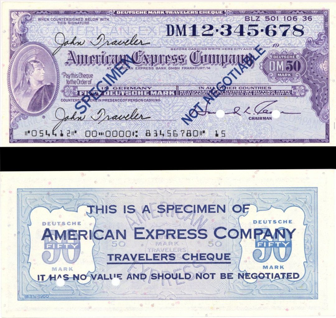 German American Express Company Travellers Cheque/Check - 50 Marks - American Bank Note Specimen Checks