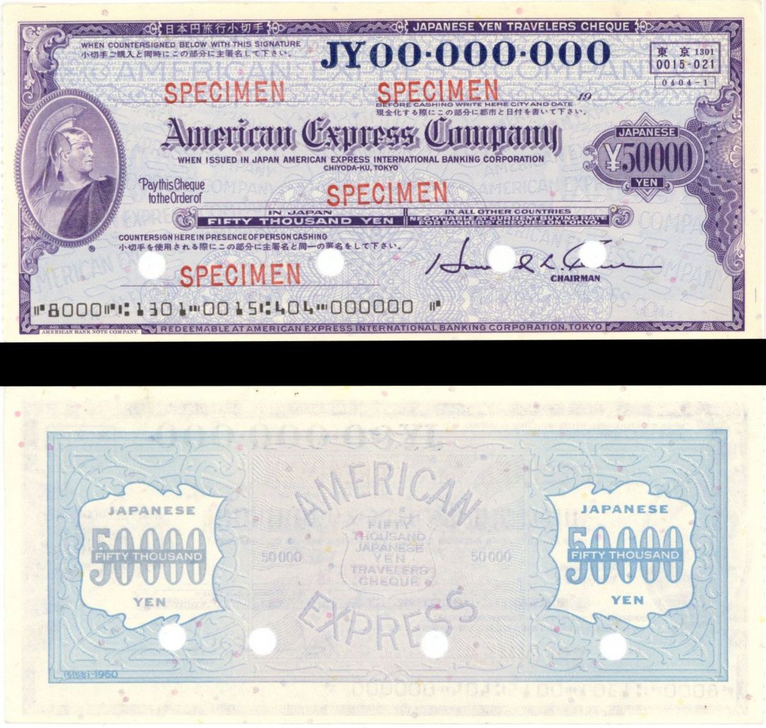 Japan American Express Company Travellers Cheque/Check - 50,000 or 10,000 Yen - American Bank Note Specimen Checks