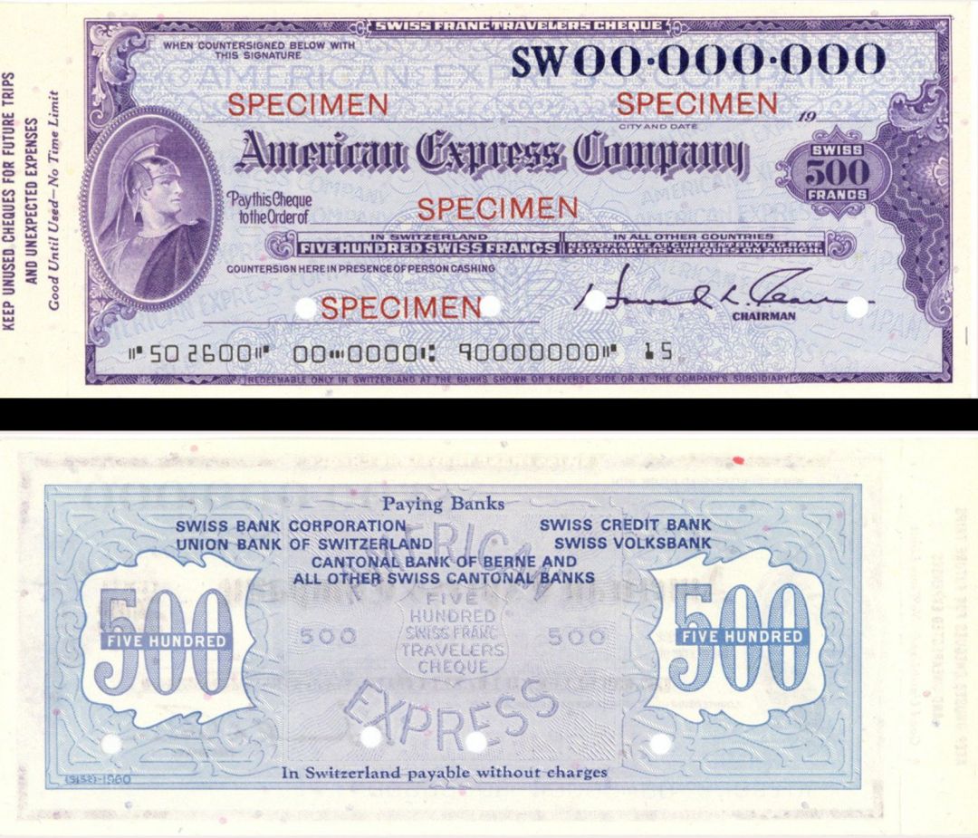 Switzerland American Express Company Travellers Cheque/Check - Various Denominations - American Bank Note Specimen Checks