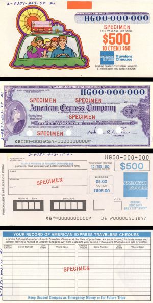 United States American Express Co. - Specimen Travelers Cheque/Check - $50 in envelope - American Bank Note Specimen Checks