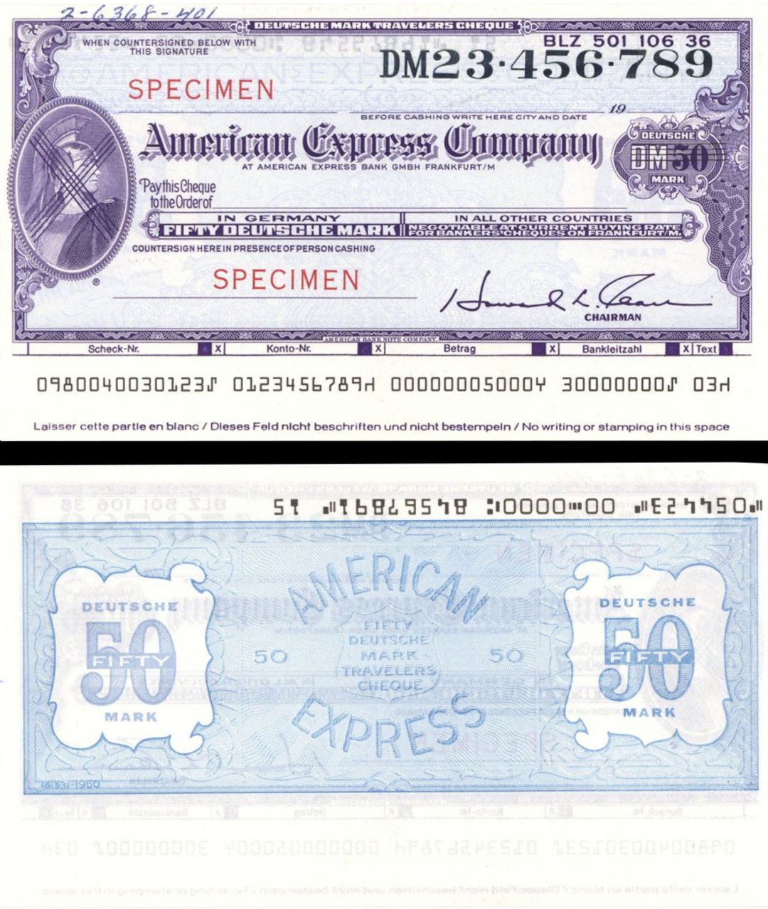 German American Express Company Travellers Cheque/Check - 50 Deutsche Marks - American Bank Note Specimen Checks