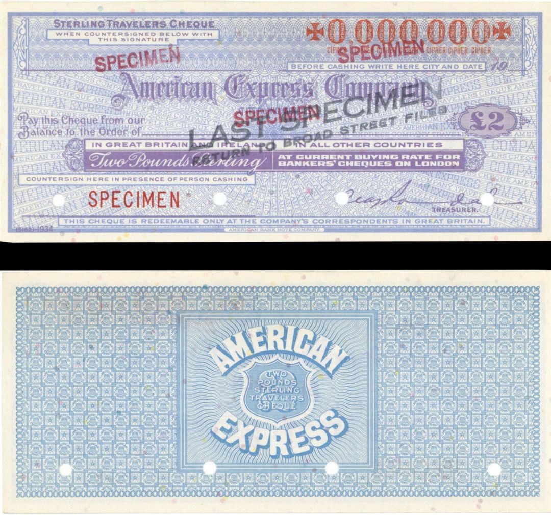 Great Britian and Ireland American Express Company Travellers Cheque/Check - 2 Pounds - American Bank Note Specimen Checks