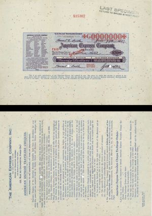 United States American Express Company Travellers Cheque/Check - $20 - American Bank Note Specimen Checks