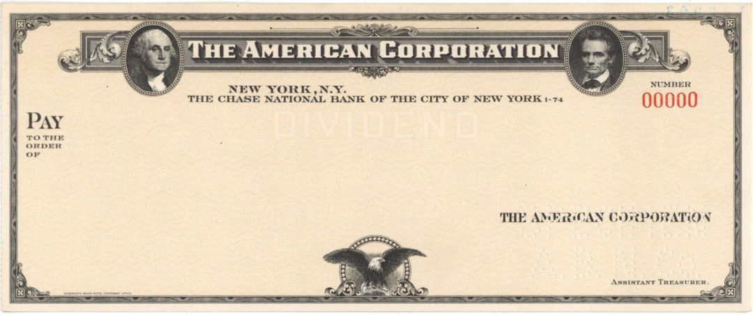 American Corporation - American Bank Note Company Specimen Check