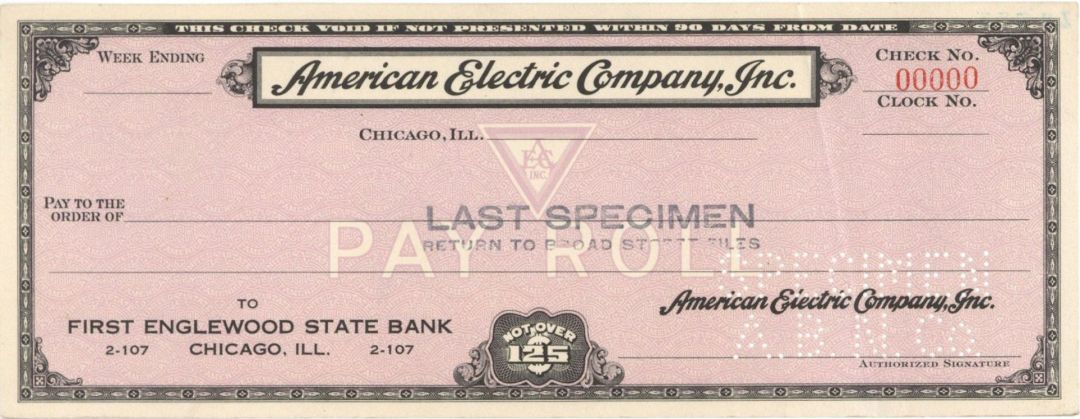 American Electric Co. Inc. - American Bank Note Company Specimen Checks