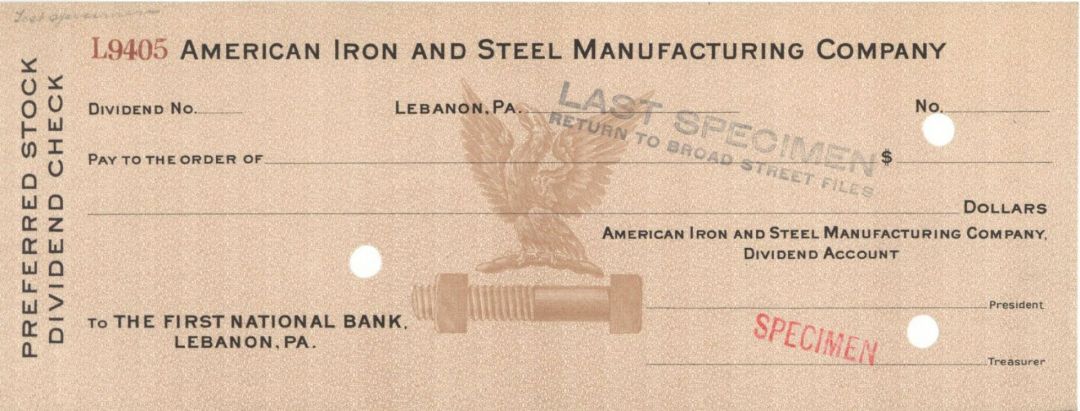 American Iron and Steel Manufacturing Co. - American Bank Note Company Specimen Checks