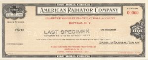 American Radiator Co. - American Bank Note Company Specimen Checks