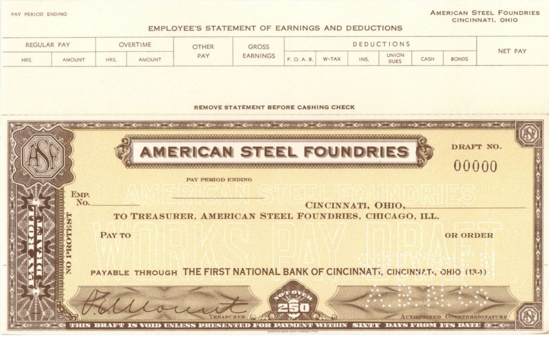 American Steel Foundries - American Bank Note Company Specimen Checks