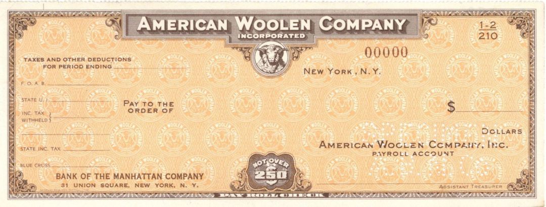 American Woolen Co. Inc. - American Bank Note Company Specimen Checks