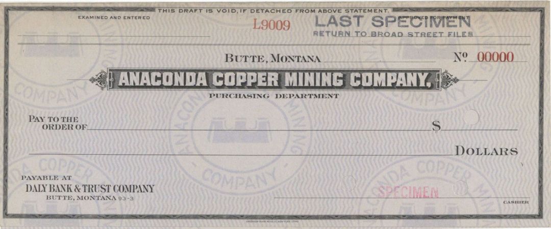 Anaconda Copper Mining Co. - Butte, Montana - American Bank Note Company Specimen Check