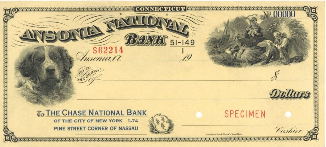 Ansonia National Bank - American Bank Note Company Specimen Check