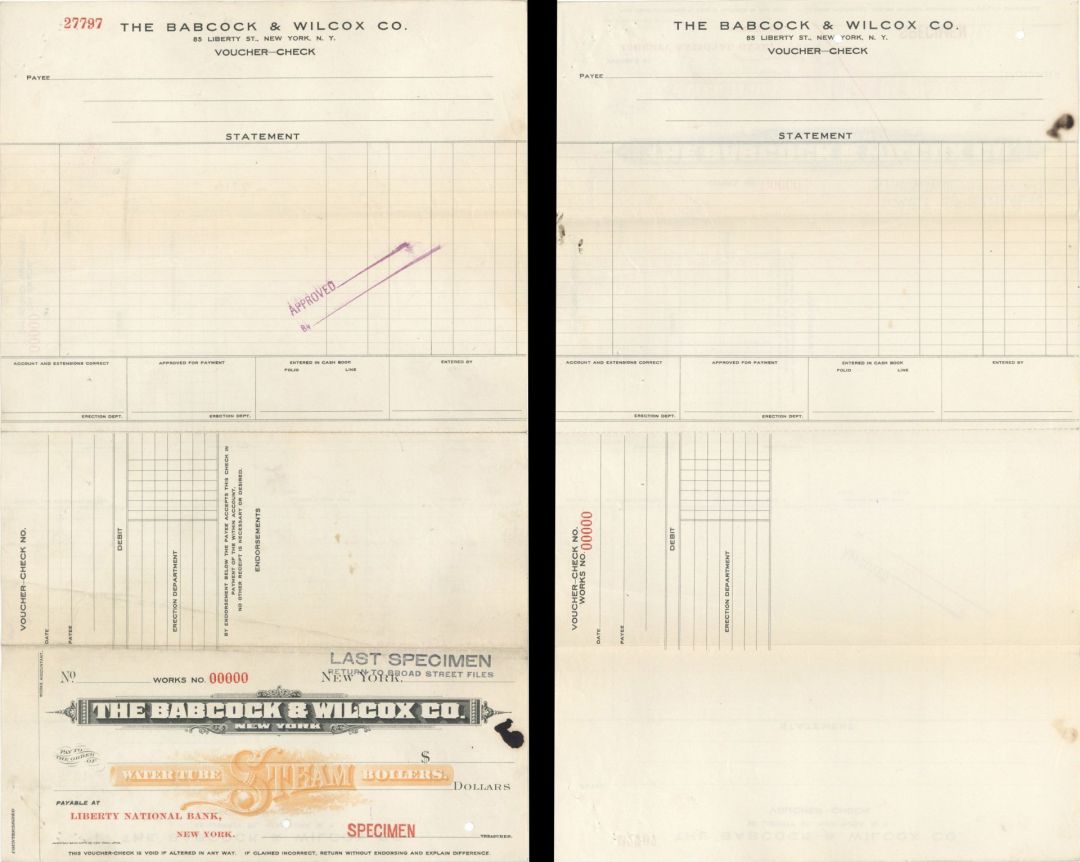 Babcock and Wilcox Co. - American Bank Note Company Specimen Checks