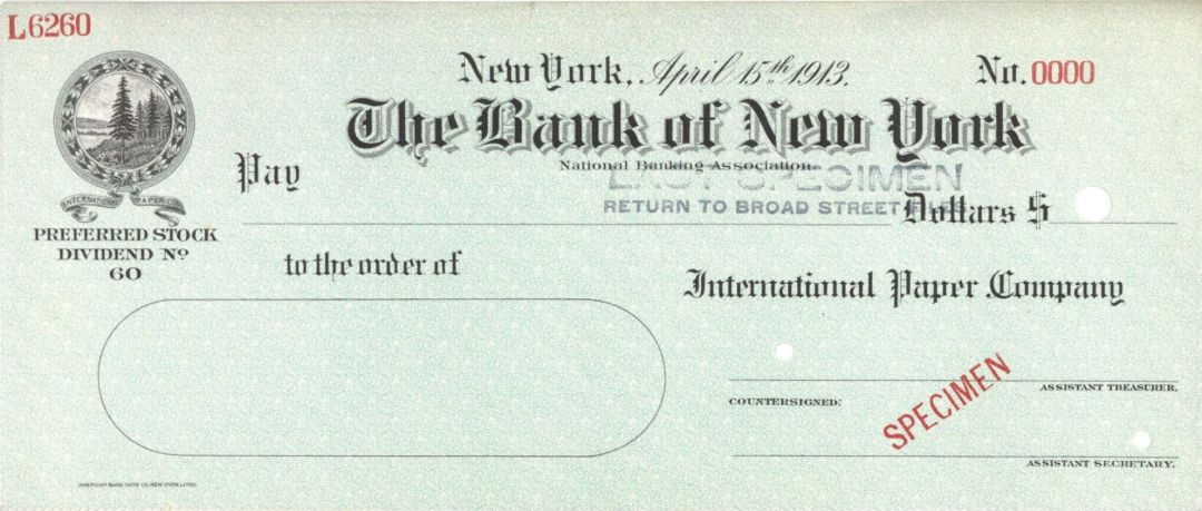 Bank of New York - American Bank Note Company Specimen Checks
