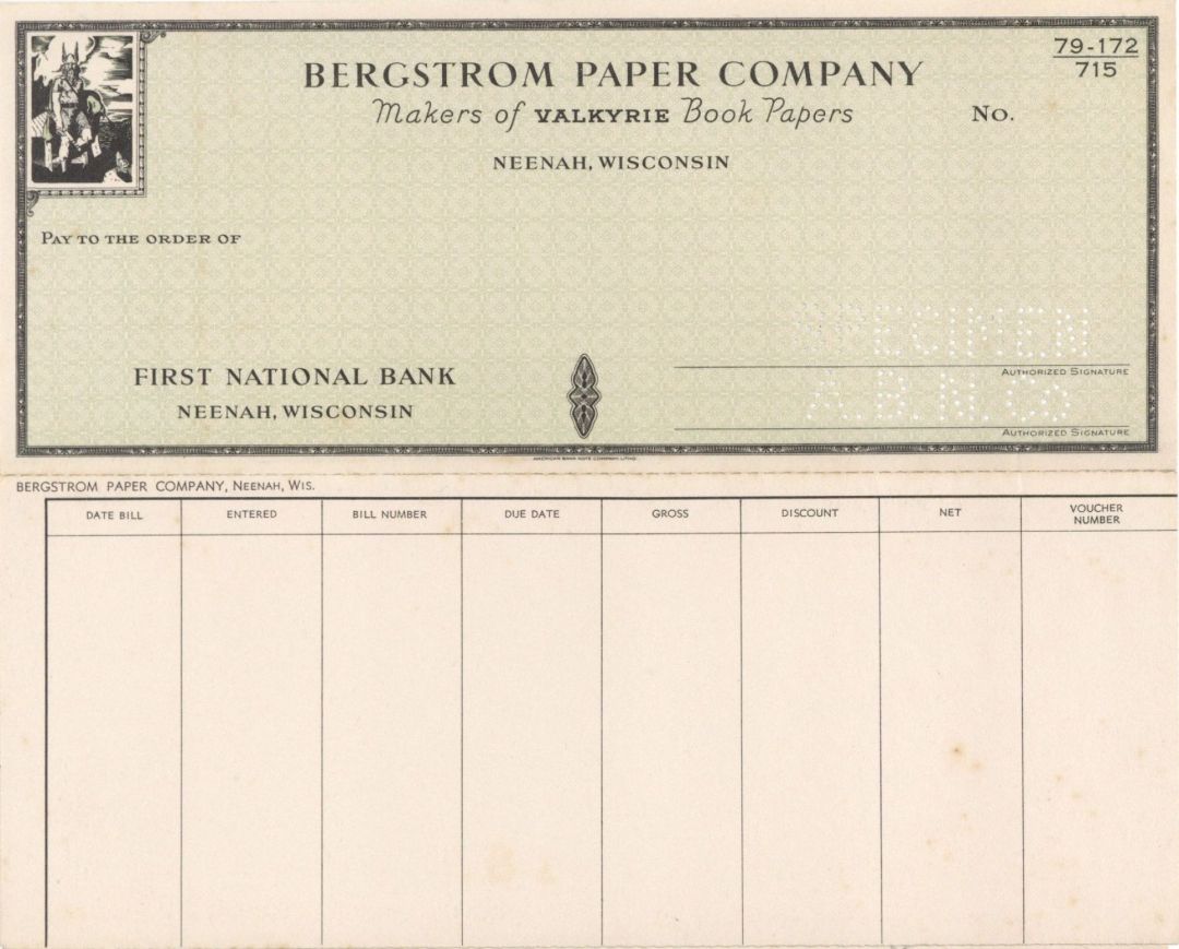 Bergstrom Paper Co. - American Bank Note Company Specimen Check