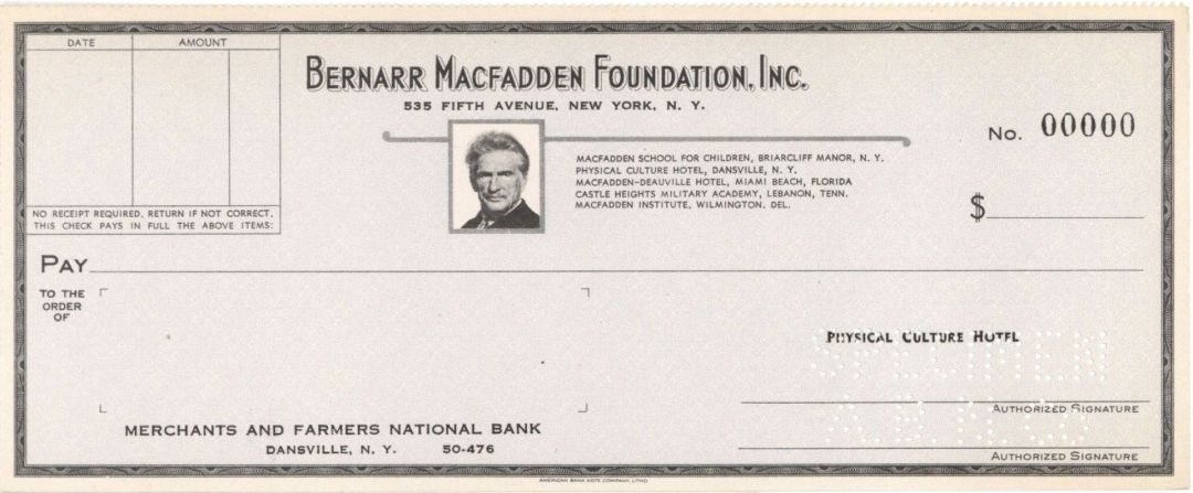 Bernarr Macfadden Foundation Inc. - American Bank Note Company Specimen Checks