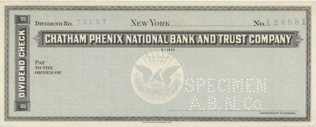 Chatham Phenix National Bank and Trust Co. - American Bank Note Company Specimen Checks