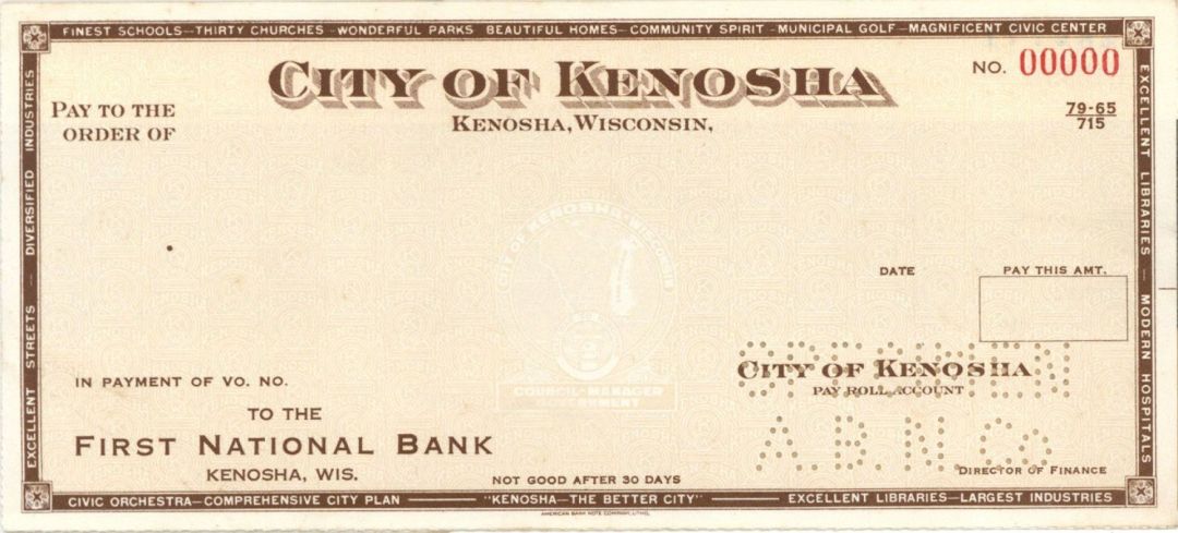 City of Kenosha - American Bank Note Company Specimen Check - Kenosha, Wisconsin