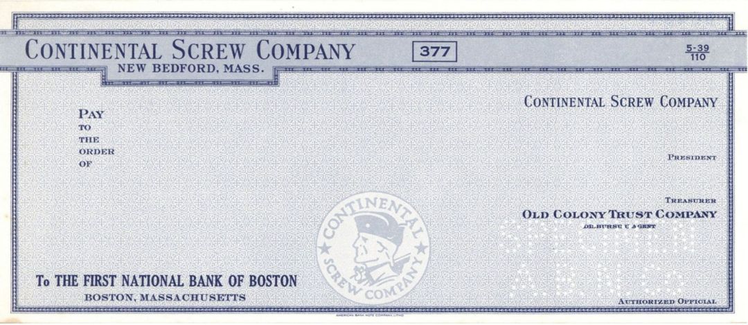 Continental Screw Company - American Bank Note Company Specimen Checks