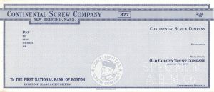 Continental Screw Company - American Bank Note Company Specimen Checks
