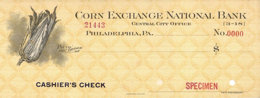 Corn Exchange National Bank - American Bank Note Company Specimen Checks