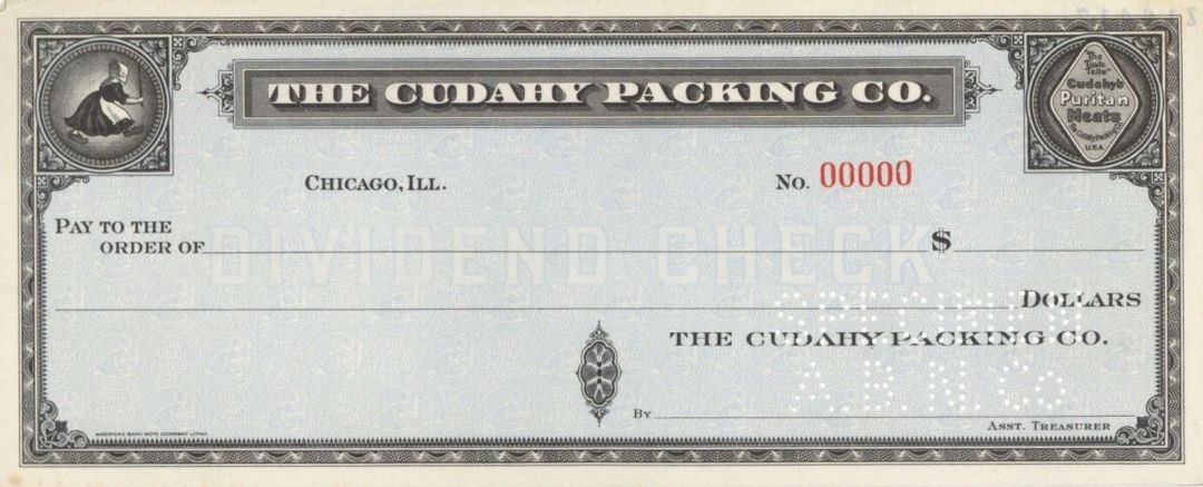 Cudahy Packing Co. - American Bank Note Company Specimen Check