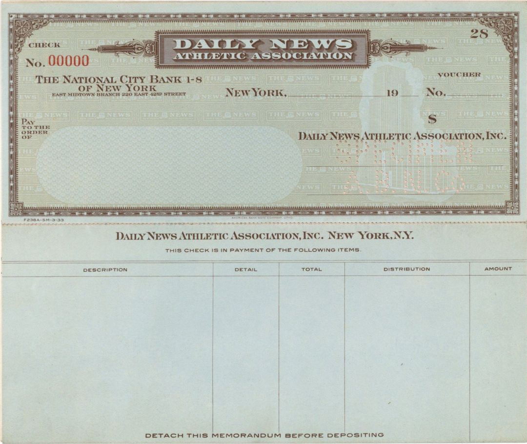 Daily News Athletic Assoc. - American Bank Note Company Specimen Checks
