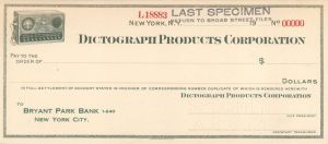 Dicktograph Products Corp. - American Bank Note Company Specimen Checks