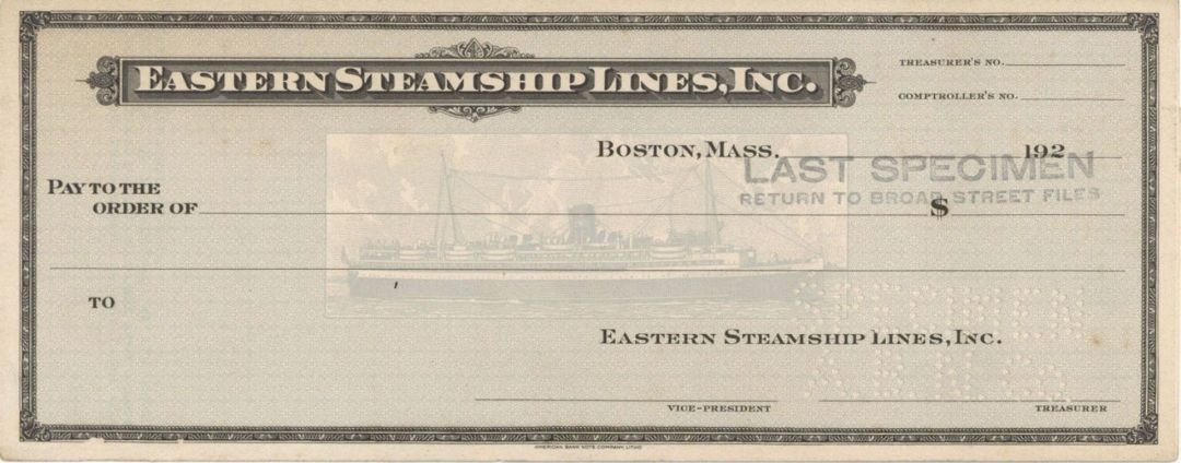 Eastern Steamship Lines, Inc. - American Bank Note Company Specimen Checks